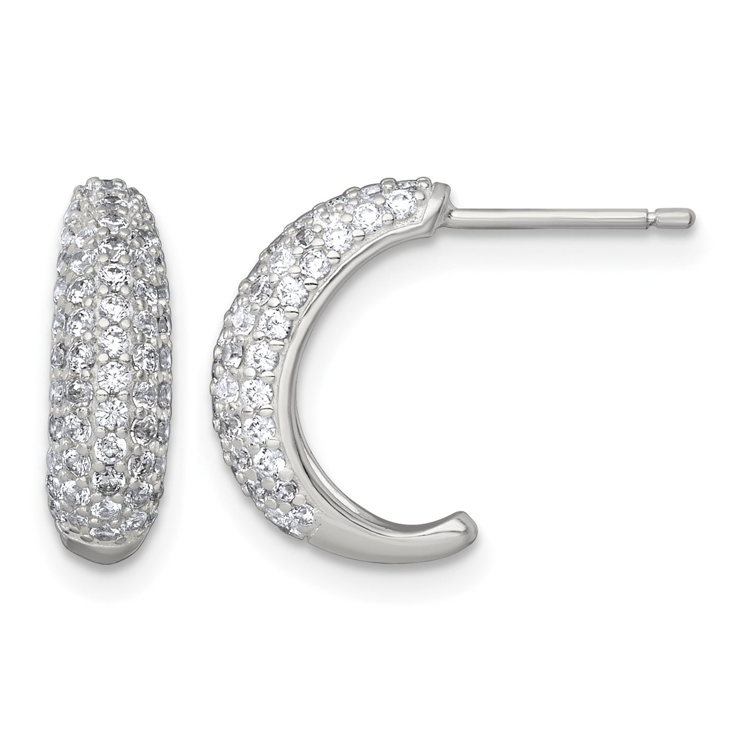 Sterling Silver Polished Pave CZ Post J-Hoop Earrings