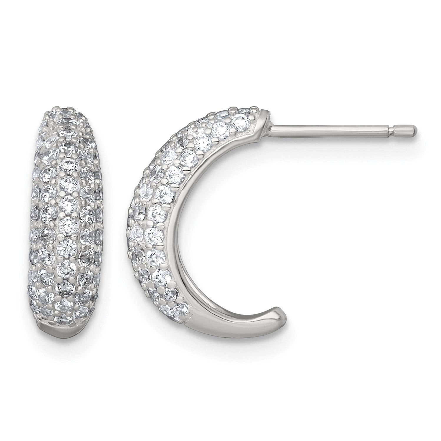 Sterling Silver Polished Pave CZ Post J-Hoop Earrings