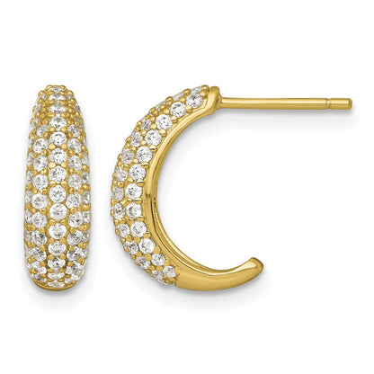 Sterling Silver Gold-tone Polished Pave CZ Post J-Hoop Earrings