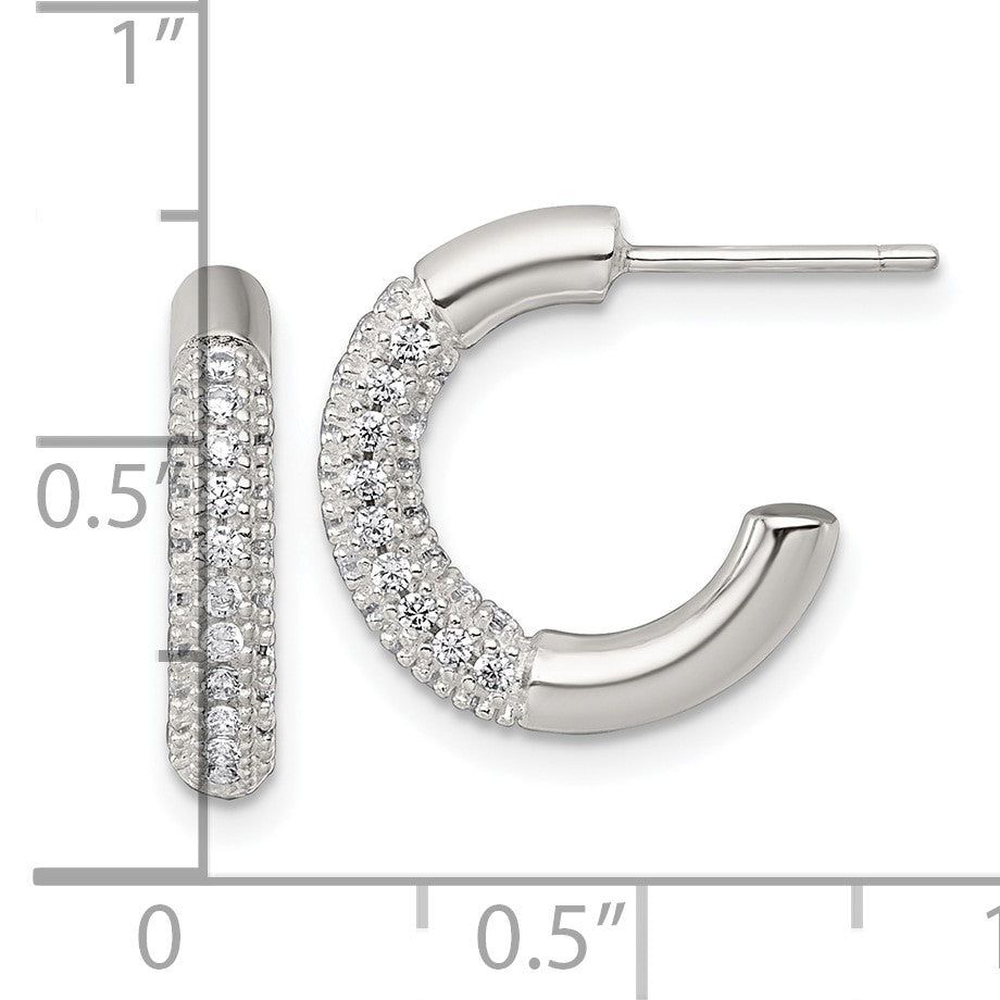 Sterling Silver Polished Pave CZ Post C-Hoop Earrings
