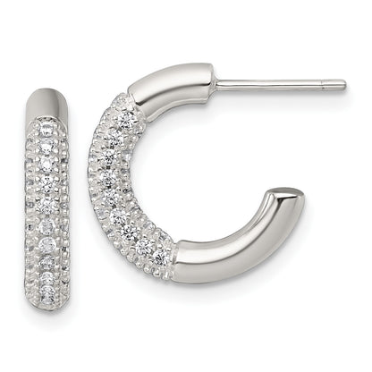 Sterling Silver Polished Pave CZ Post C-Hoop Earrings