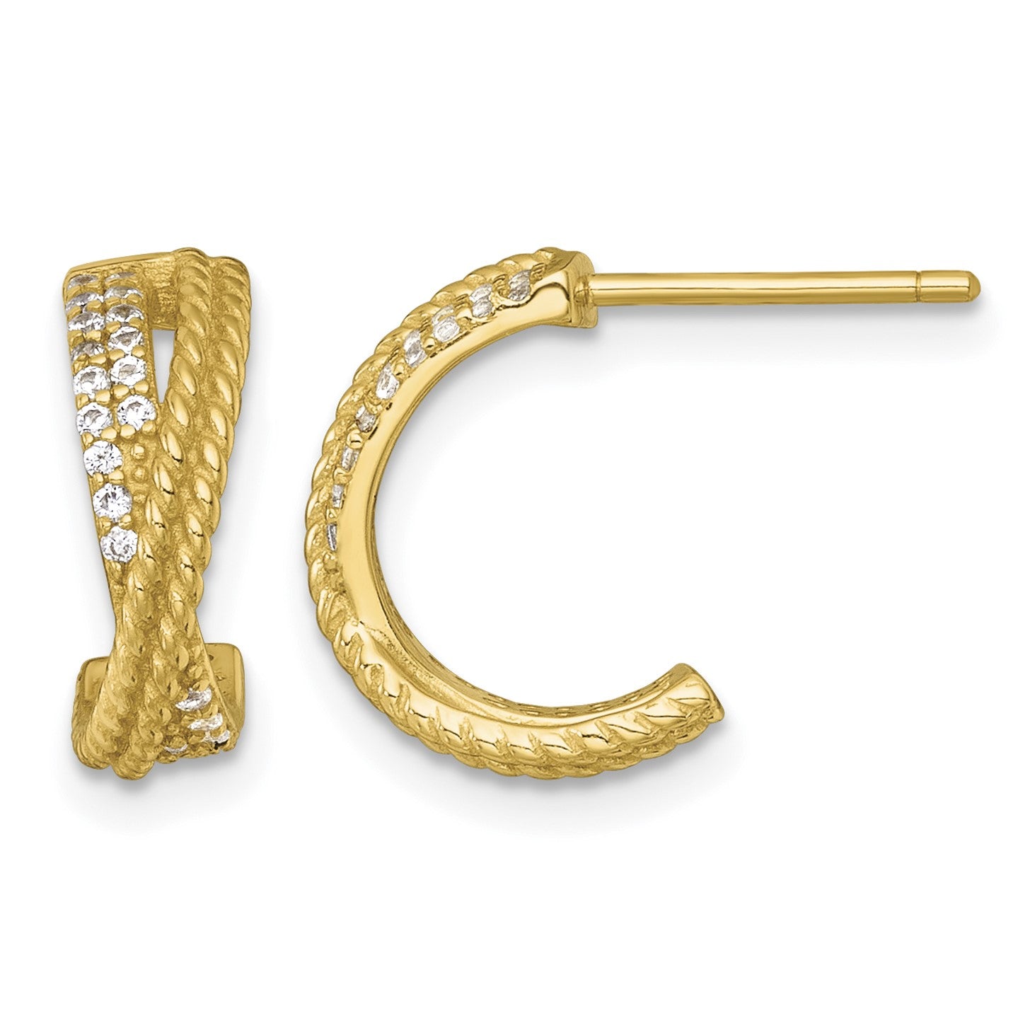 Sterling Silver Gold-Tone Polished and Twisted CZ -X- C-Hoop Post Earrings