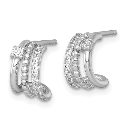 Sterling Silver Rhodium-plated Polished Beaded CZ Post C-Hoop Earrings