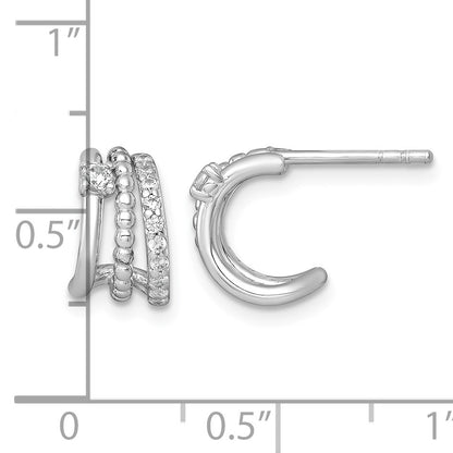 Sterling Silver Rhodium-plated Polished Beaded CZ Post C-Hoop Earrings