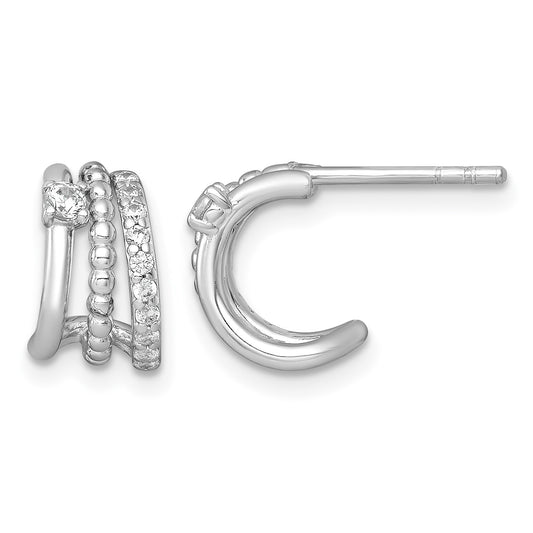 Sterling Silver Rhodium-plated Polished Beaded CZ Post C-Hoop Earrings