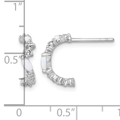 Sterling Silver Rhodium-plated Polished CZ and Lab Created Opal Post C-Hoop Earrings
