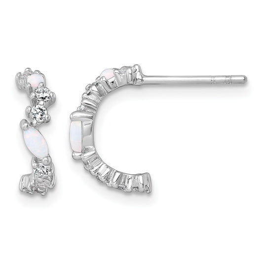 Sterling Silver Rhodium-plated Polished CZ and Lab Created Opal Post C-Hoop Earrings