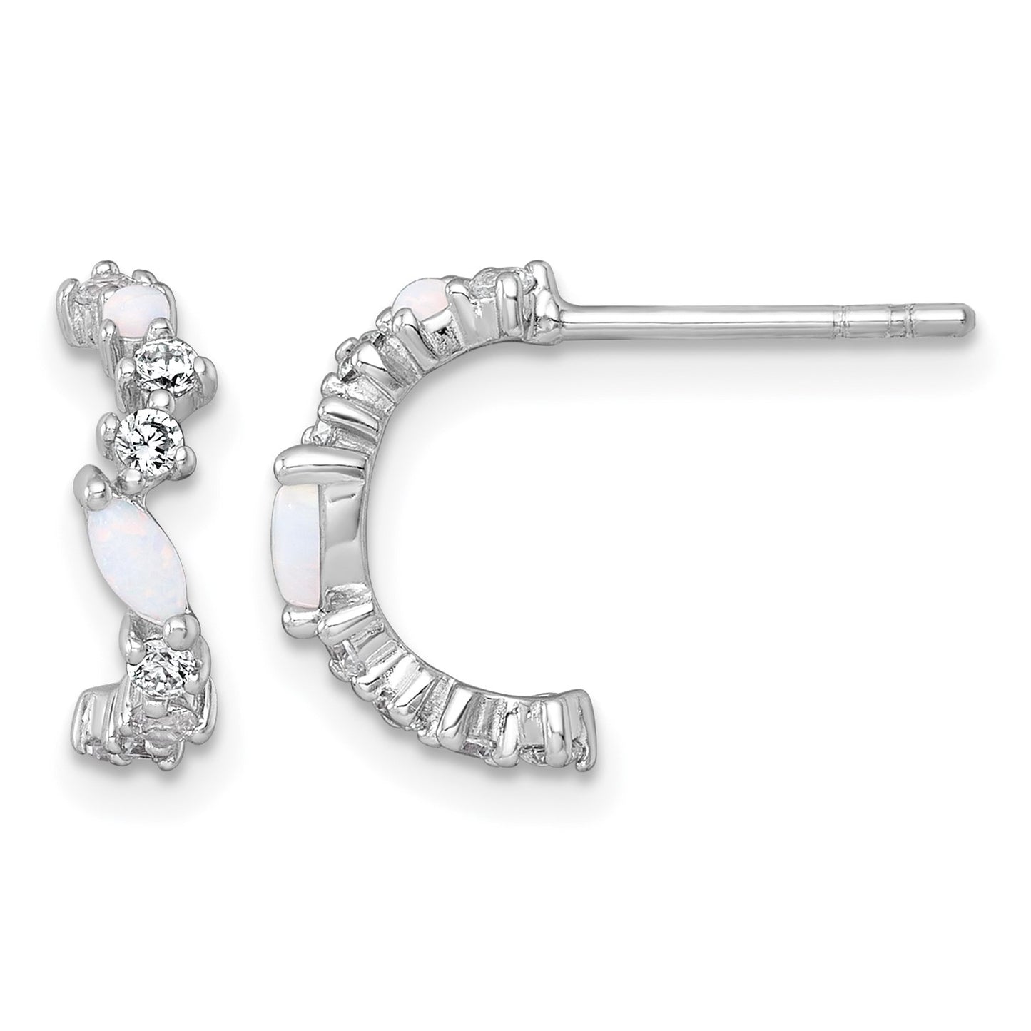 Sterling Silver Rhodium-plated Polished CZ and Lab Created Opal Post C-Hoop Earrings