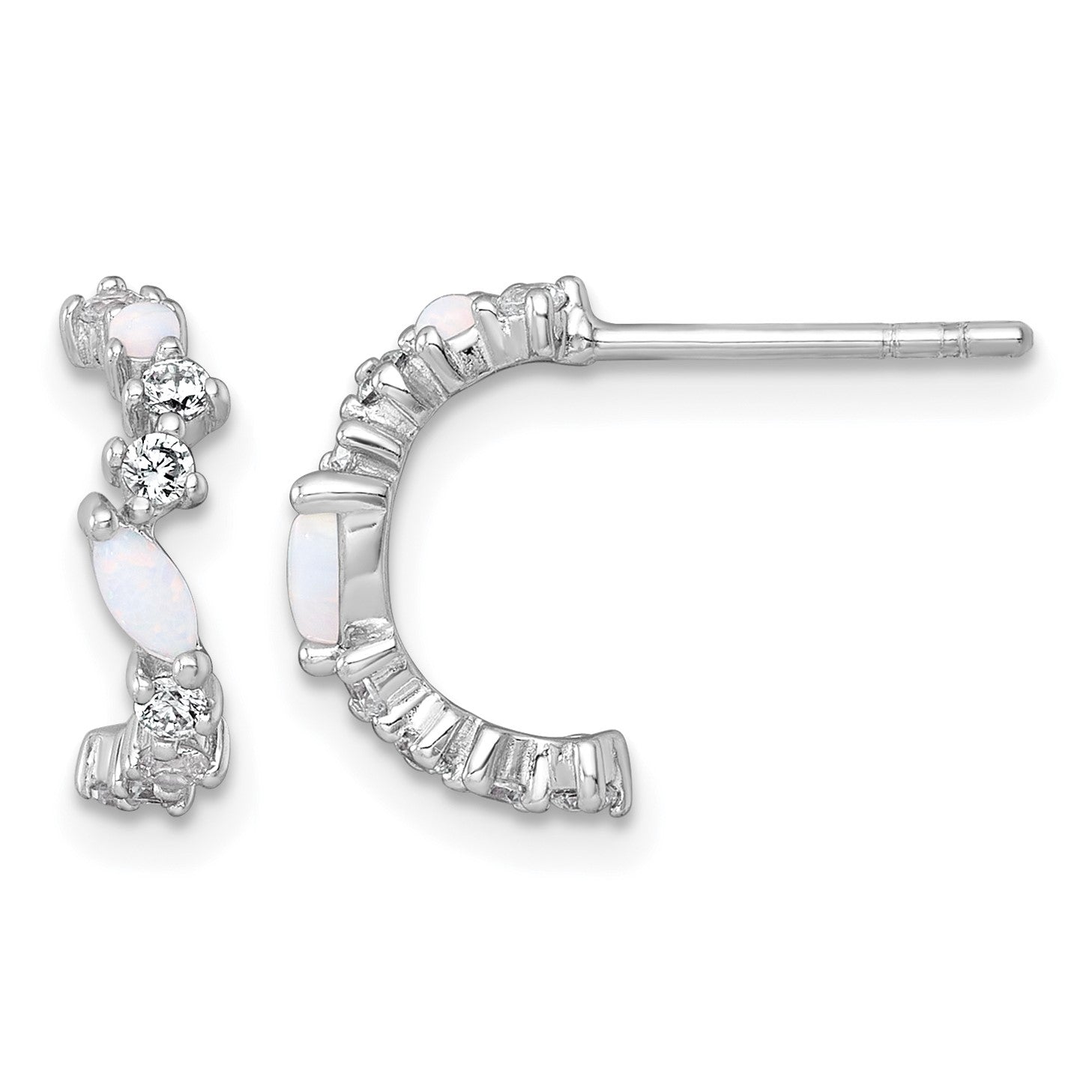 Sterling Silver Rhodium-plated Polished CZ and Lab Created Opal Post C-Hoop Earrings