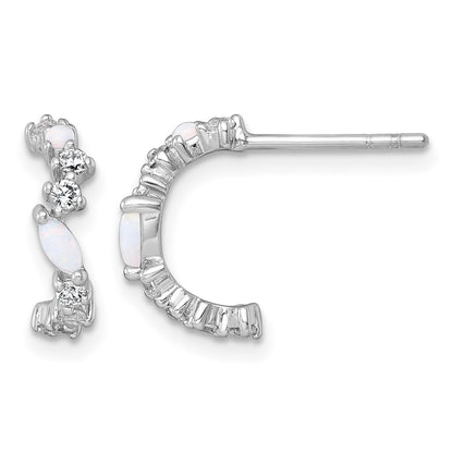 Sterling Silver Rhodium-plated Polished CZ and Lab Created Opal Post C-Hoop Earrings