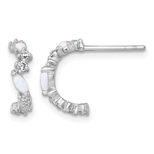 Sterling Silver Rhodium-plated Polished CZ and Lab Created Opal Post C-Hoop Earrings