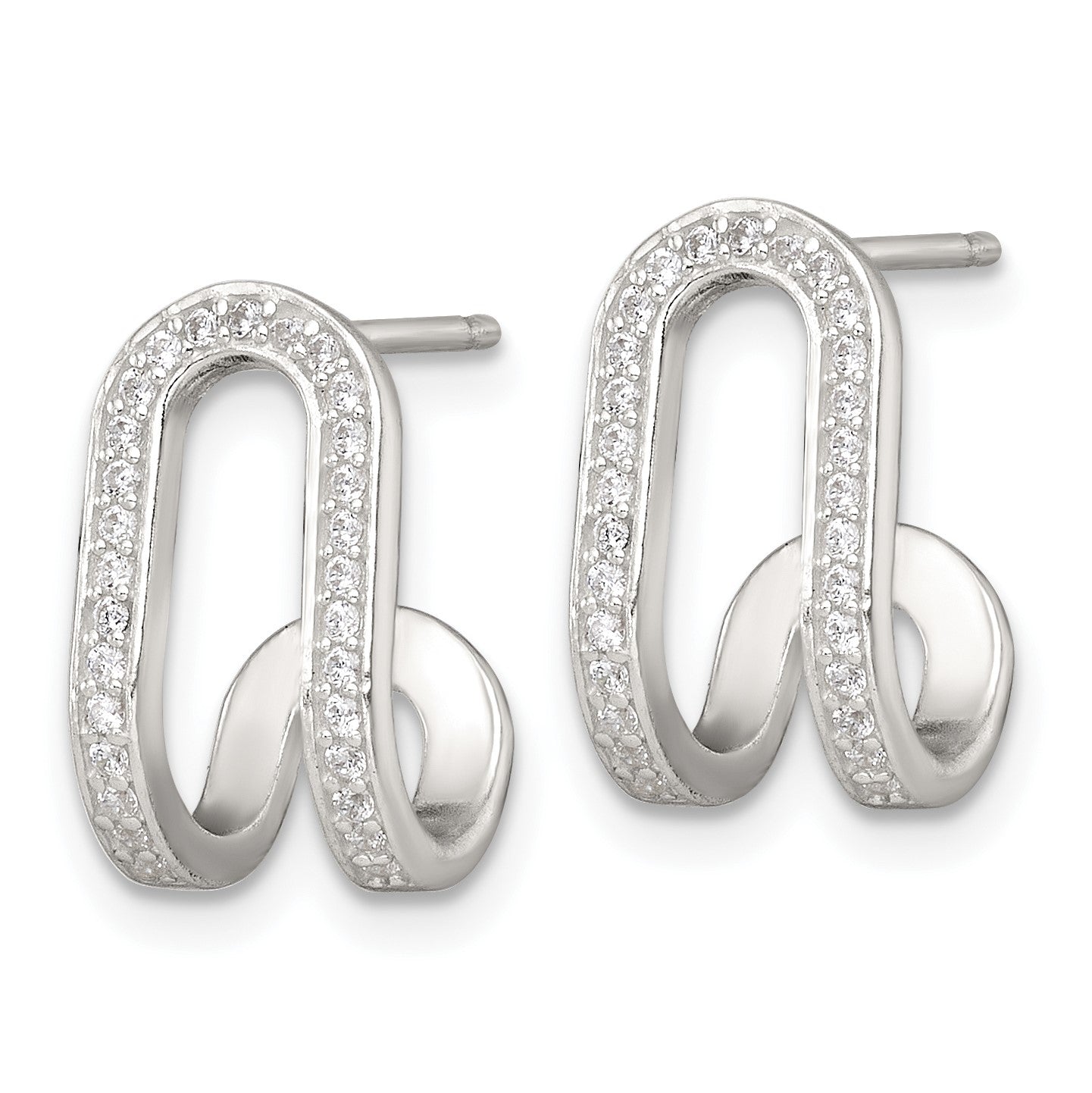 Sterling Silver Polished White CZ Curved J-Hoop Post Earrings