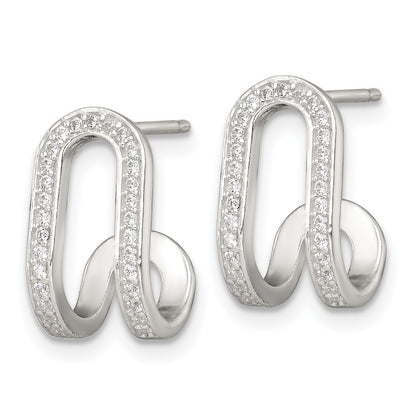 Sterling Silver Polished White CZ Curved J-Hoop Post Earrings