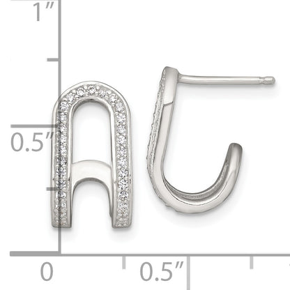 Sterling Silver Polished White CZ Curved J-Hoop Post Earrings