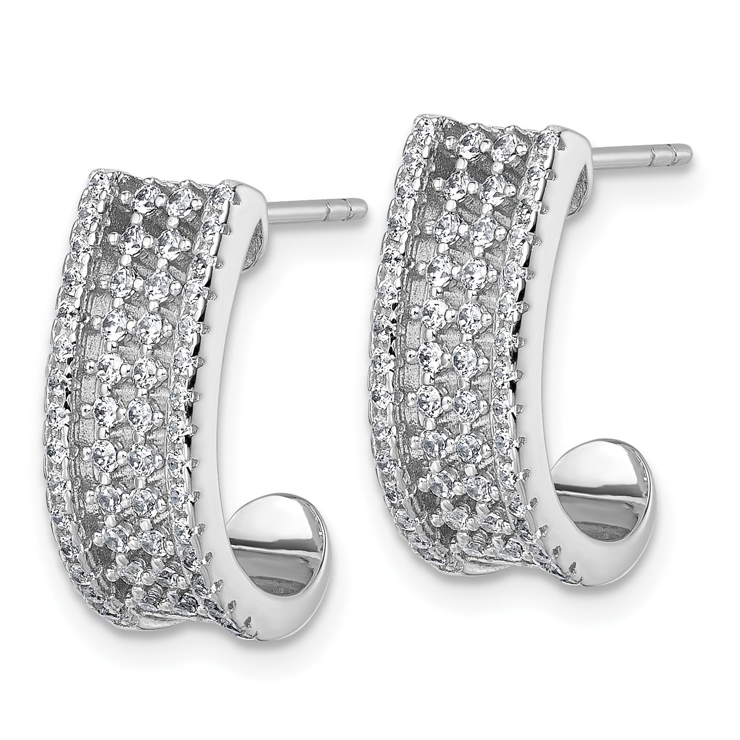 Sterling Silver Rhodium-plated Pave CZ J-Hoop Post Earrings