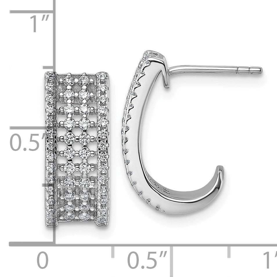 Sterling Silver Rhodium-plated Pave CZ J-Hoop Post Earrings