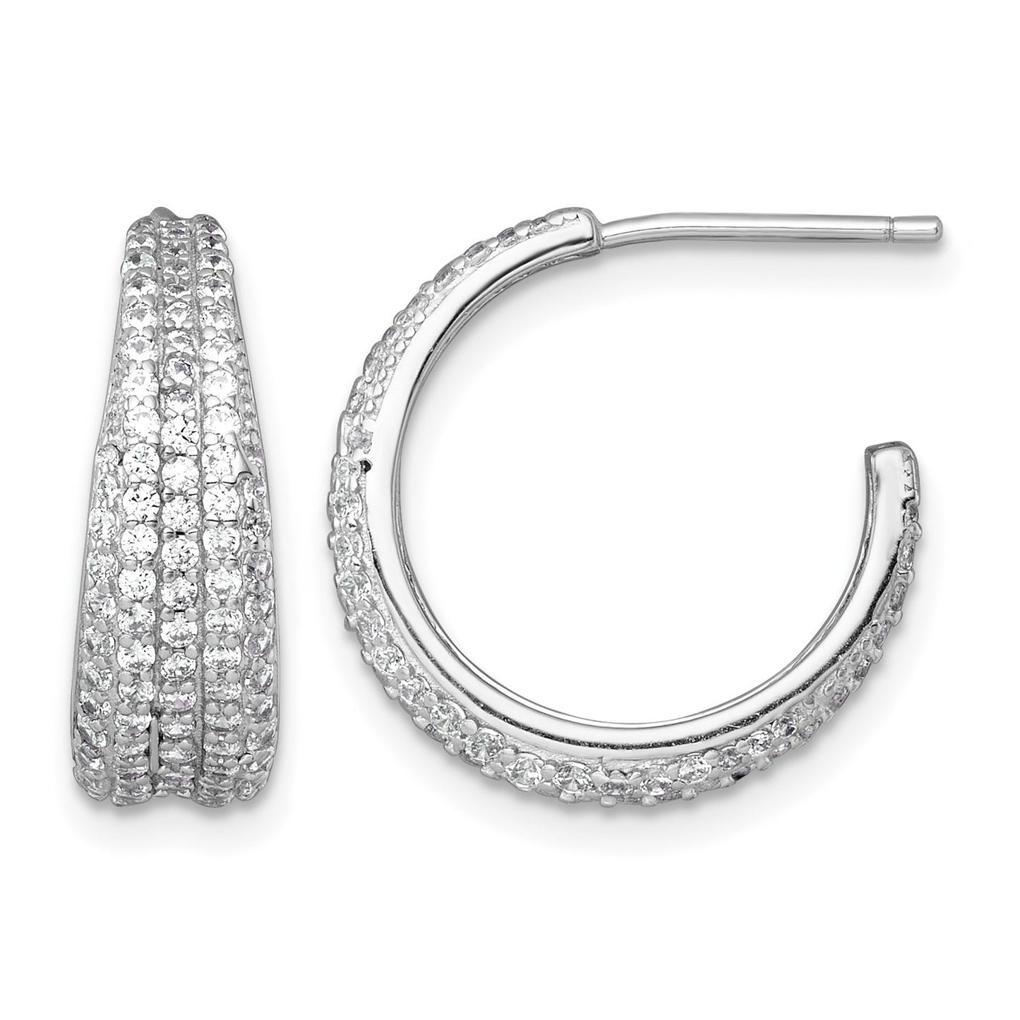 Sterling Silver Rhodium-plated Polished and Tapered Pave CZ C-Hoop Post Earrings