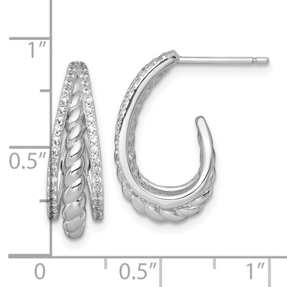 Sterling Silver Rhodium-plated Polished and Twisted CZ Triple J-Hoop Post Earrings