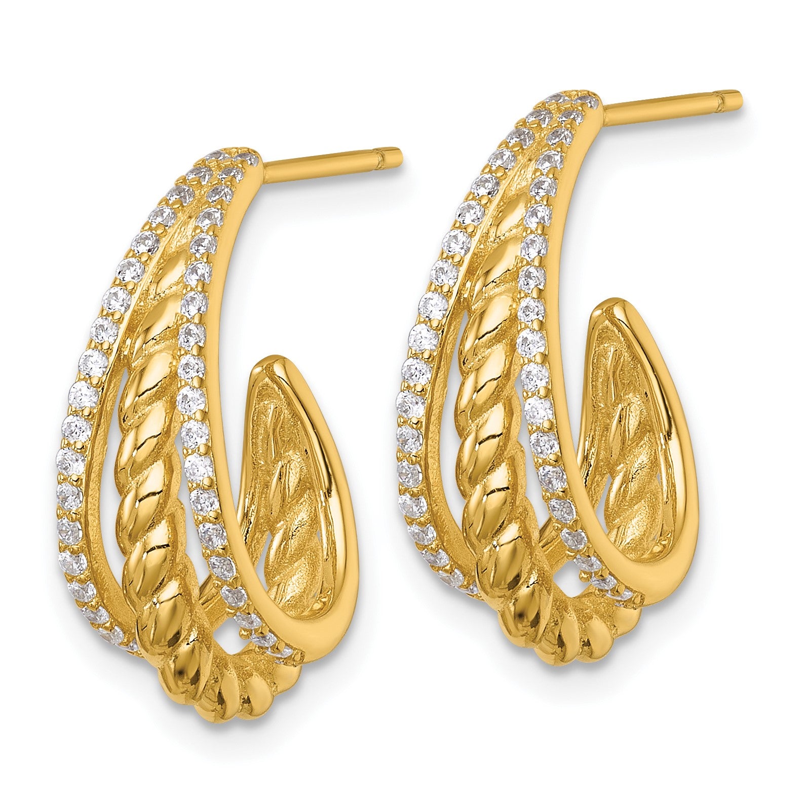 Sterling Silver Gold-tone Polished and Twisted CZ Triple J-Hoop Post Earrings