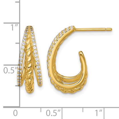 Sterling Silver Gold-tone Polished and Twisted CZ Triple J-Hoop Post Earrings