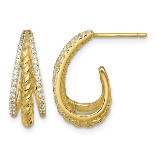 Sterling Silver Gold-tone Polished and Twisted CZ Triple J-Hoop Post Earrings