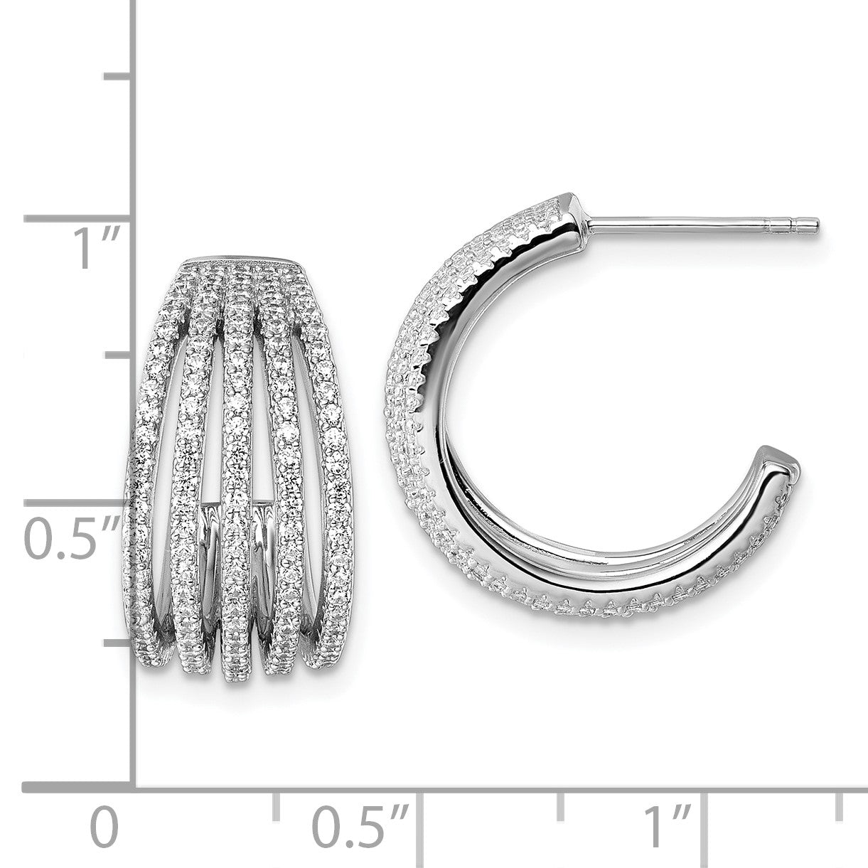 Sterling Silver Rhodium-plated Polished CZ Multi-Row J-Hoop Post Earrings