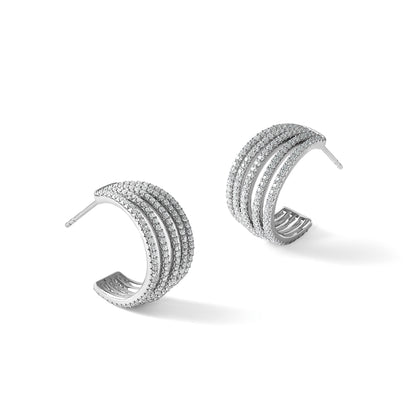 Sterling Silver Rhodium-plated Polished CZ Multi-Row J-Hoop Post Earrings