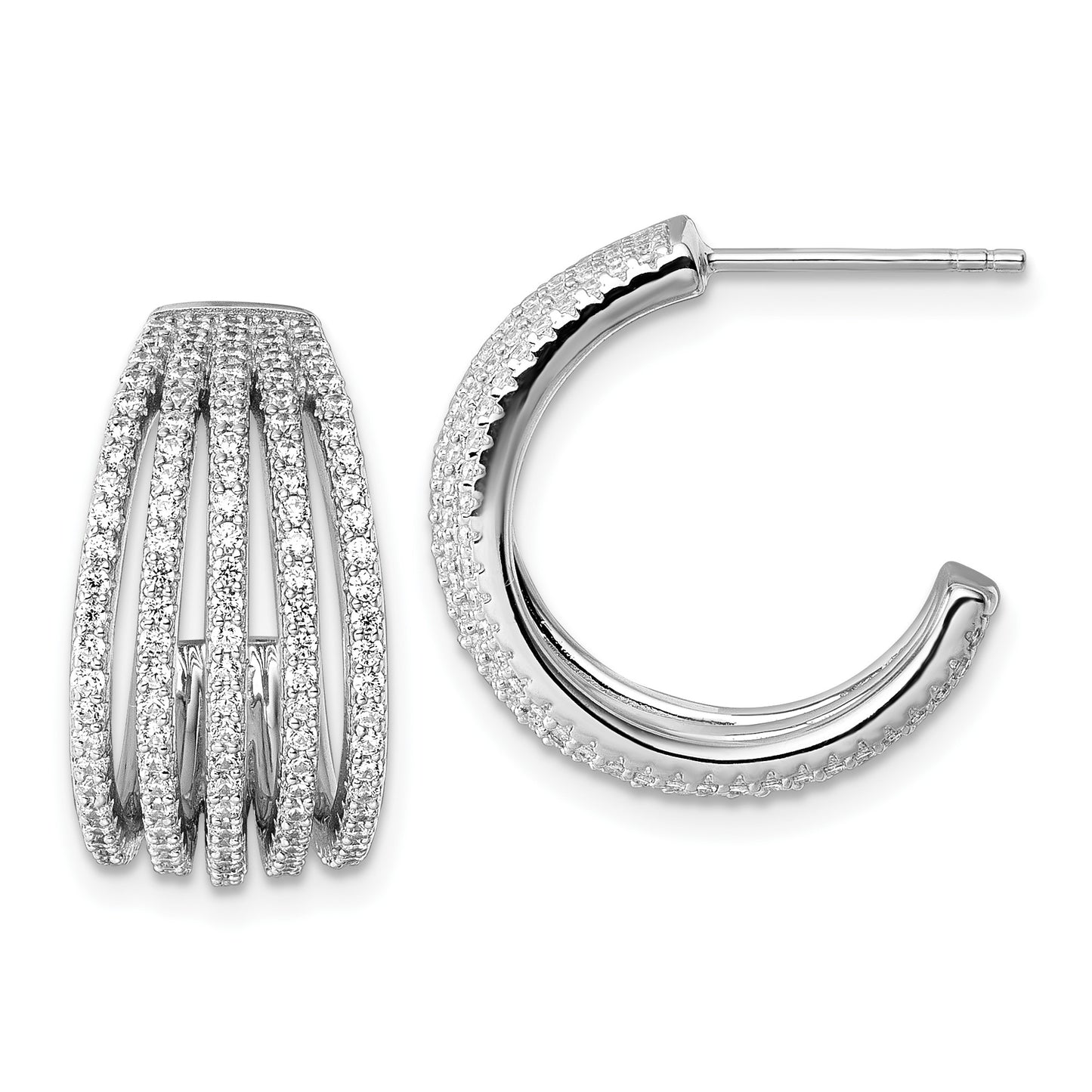 Sterling Silver Rhodium-plated Polished CZ Multi-Row J-Hoop Post Earrings