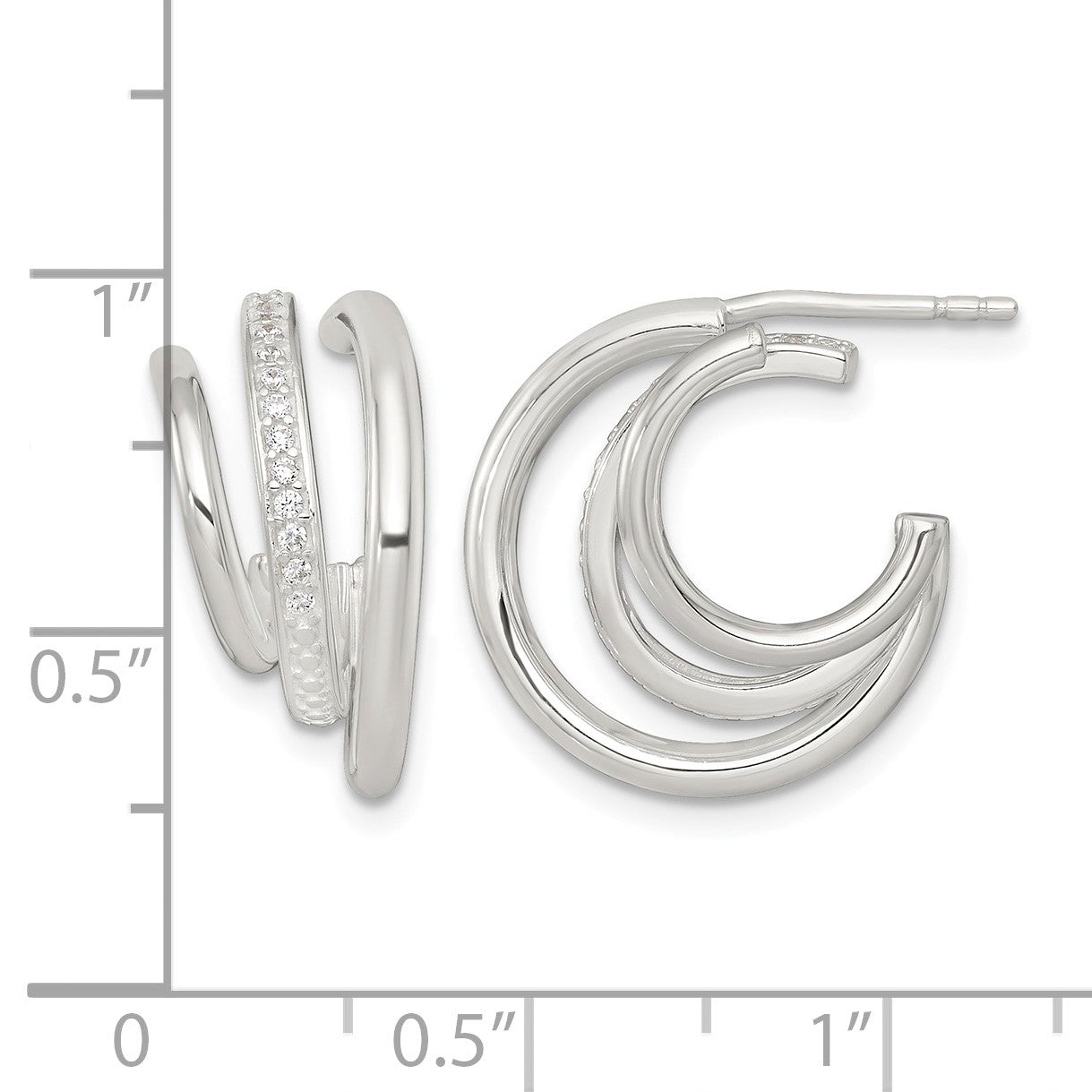Sterling Silver Polished CZ 3-Row C-Hoop Post Earrings