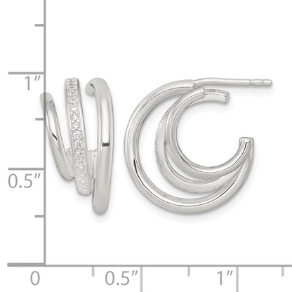 Sterling Silver Polished CZ 3-Row C-Hoop Post Earrings