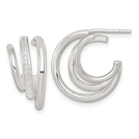Sterling Silver Polished CZ 3-Row C-Hoop Post Earrings