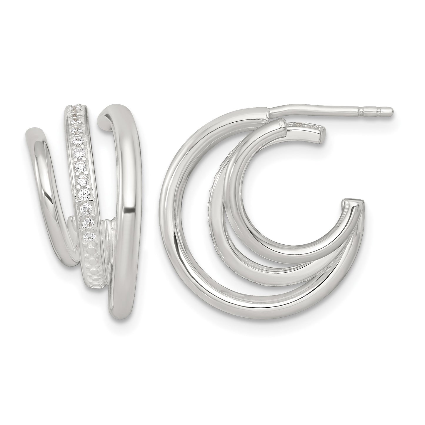 Sterling Silver Polished CZ 3-Row C-Hoop Post Earrings