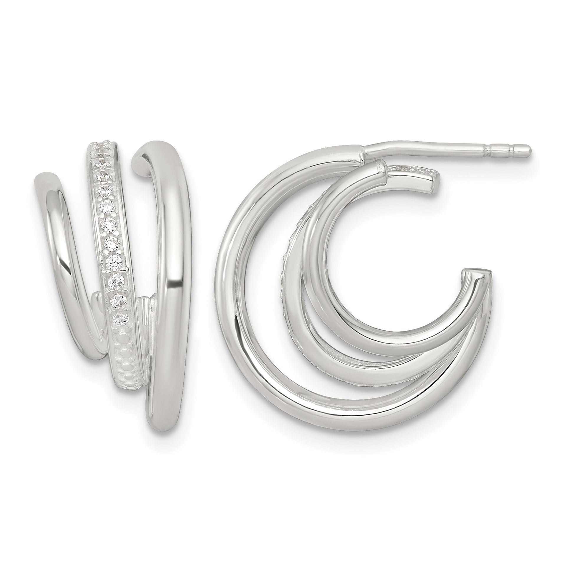 Sterling Silver Polished CZ 3-Row C-Hoop Post Earrings