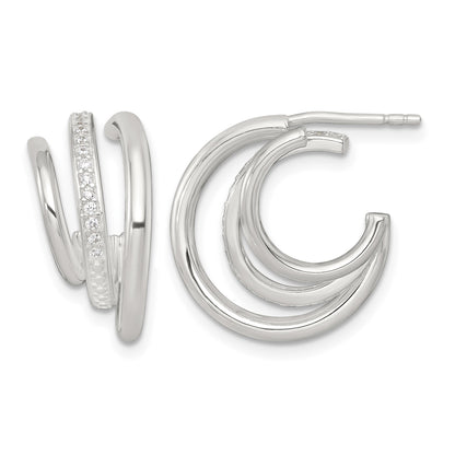 Sterling Silver Polished CZ 3-Row C-Hoop Post Earrings