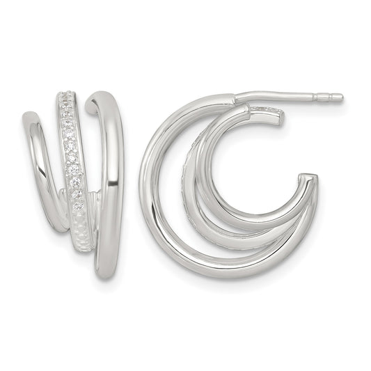Sterling Silver Polished CZ 3-Row C-Hoop Post Earrings