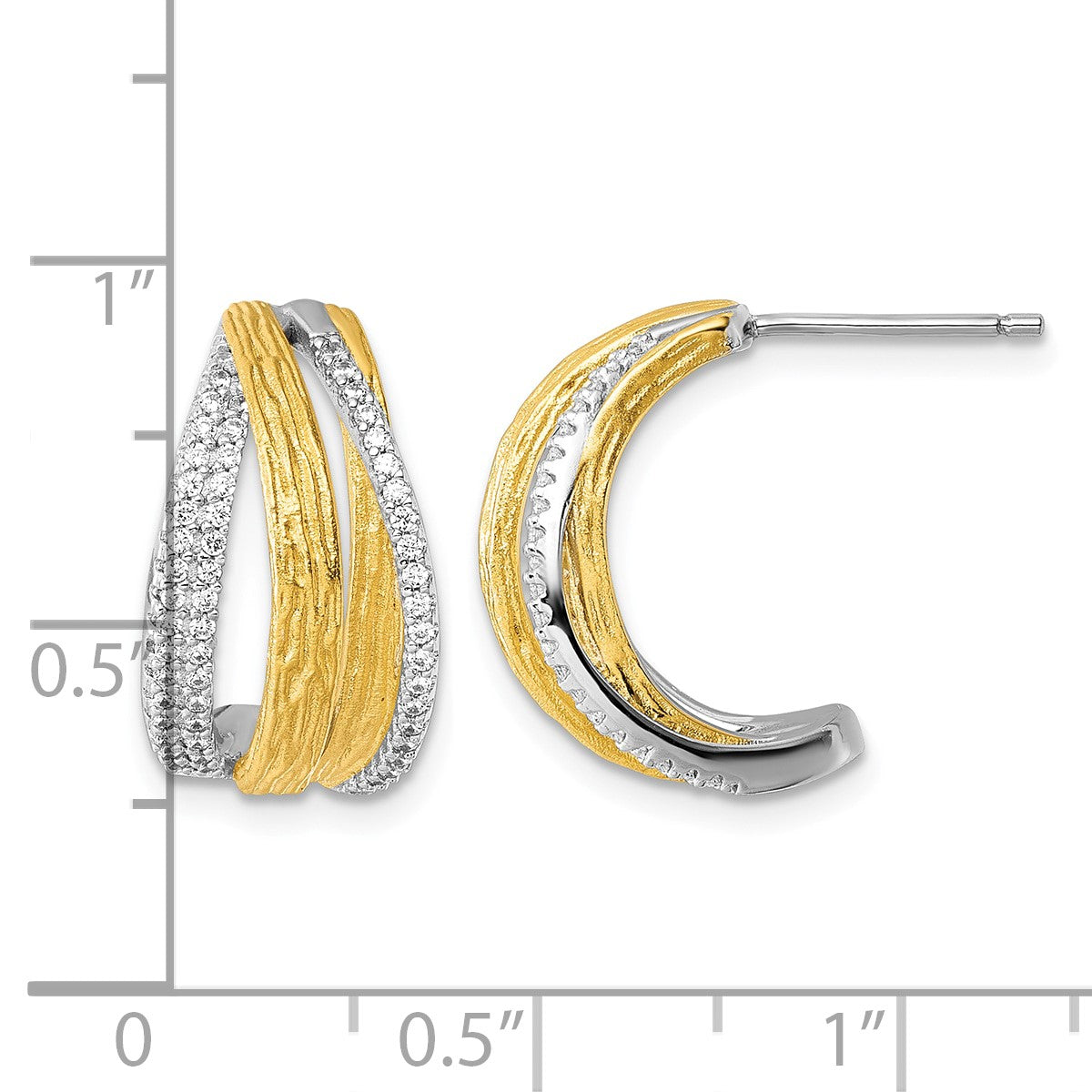Sterling Silver Rhodium and Gold-tone CZ Brushed and Polished Curved J-Hoop Post Earrings