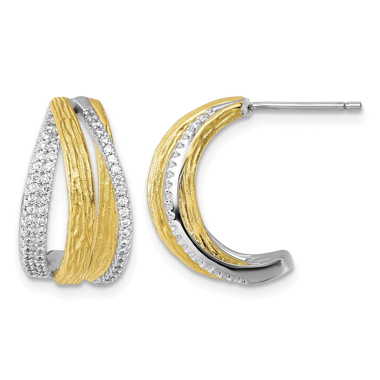 Sterling Silver Rhodium and Gold-tone CZ Brushed and Polished Curved J-Hoop Post Earrings
