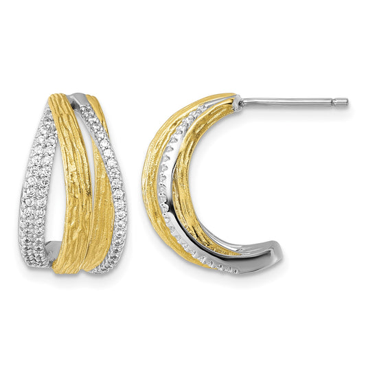 Sterling Silver Rhodium and Gold-tone CZ Brushed and Polished Curved J-Hoop Post Earrings