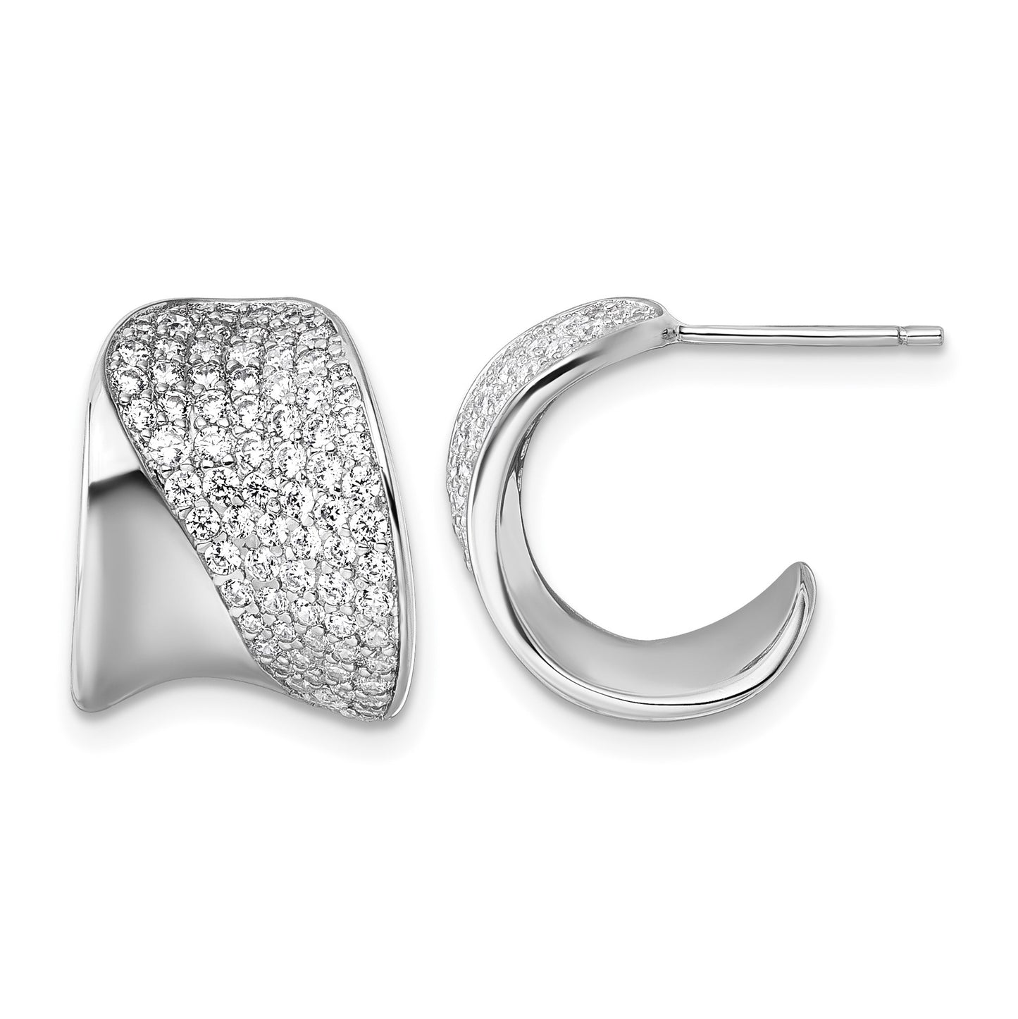 Sterling Silver Rhodium-plated CZ Polished J-Hoop Post Earrings
