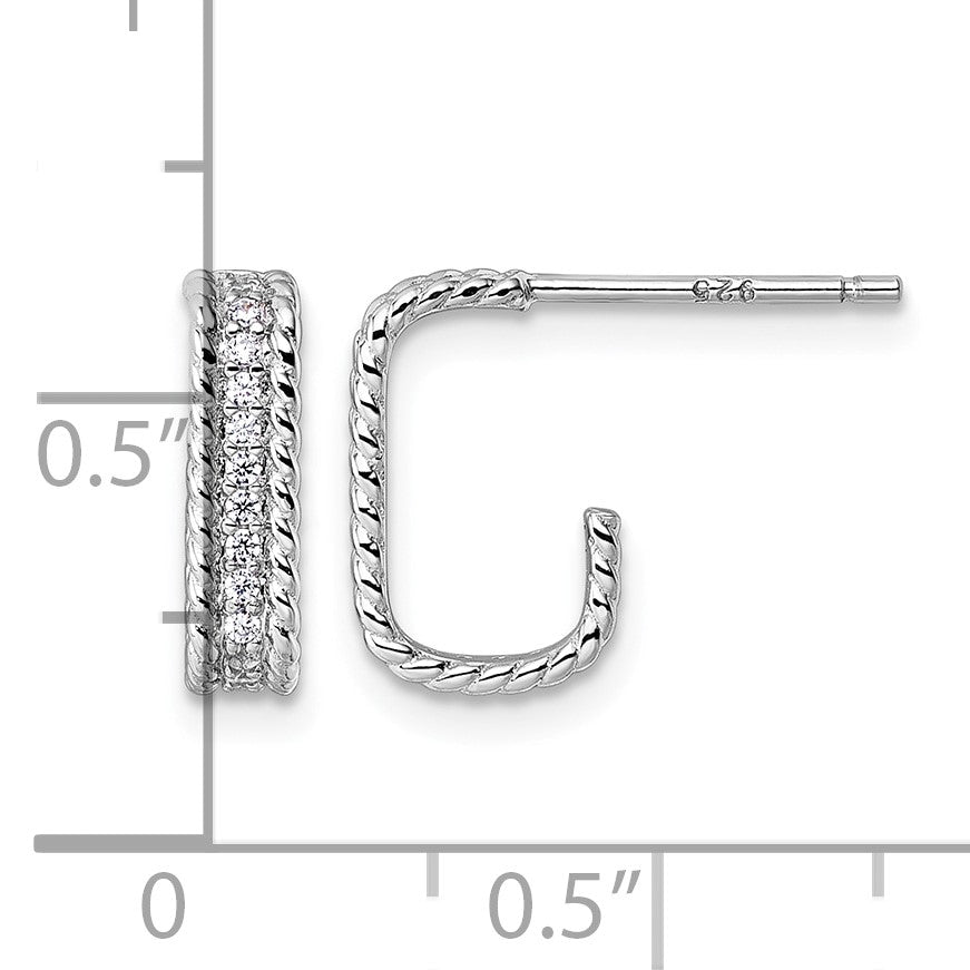 Sterling Silver Rhodium-plated CZ Rope Edge Rectangle J-Hoop Post Earrings
