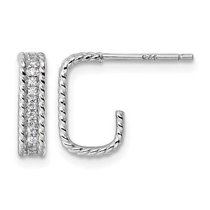 Sterling Silver Rhodium-plated CZ Rope Edge Rectangle J-Hoop Post Earrings