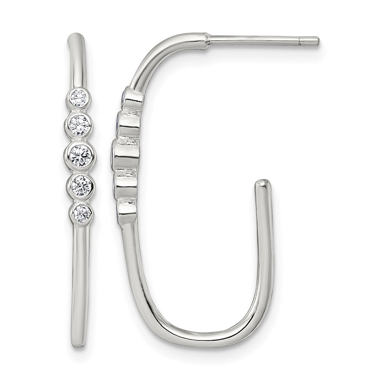 Sterling Silver Polished Bezel Set CZ Post J-Hoop Earrings