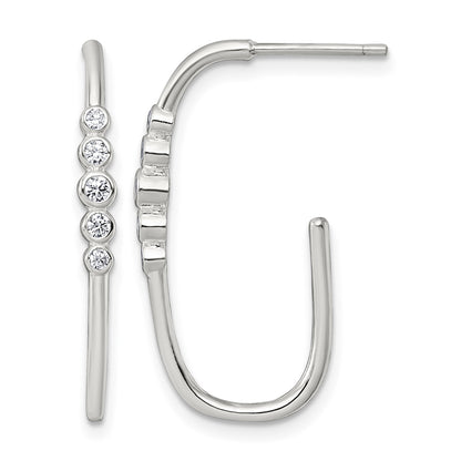 Sterling Silver Polished Bezel Set CZ Post J-Hoop Earrings