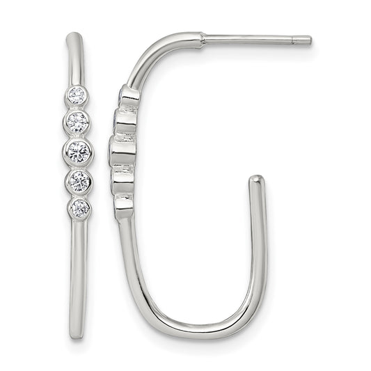 Sterling Silver Polished Bezel Set CZ Post J-Hoop Earrings