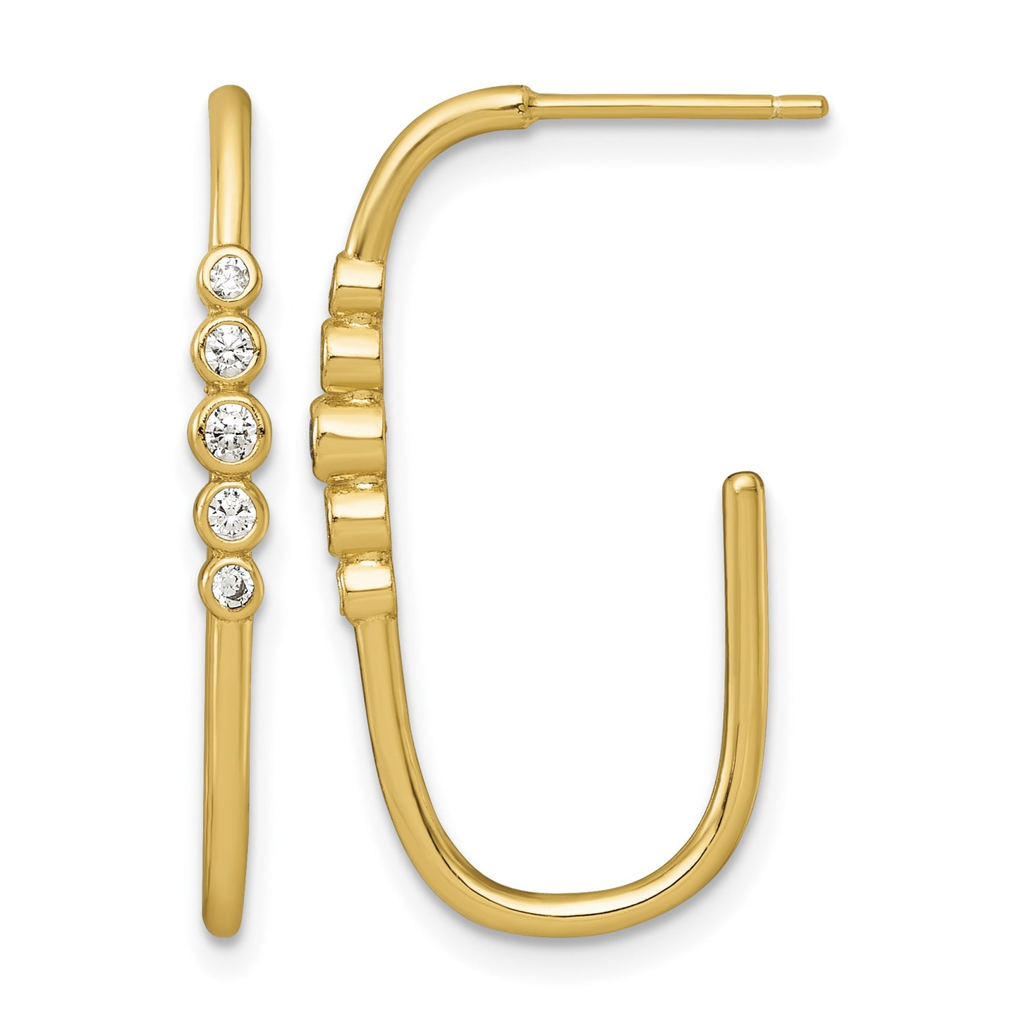 Sterling Silver Gold-tone Polished Bezel Set CZ Post J-Hoop Earrings