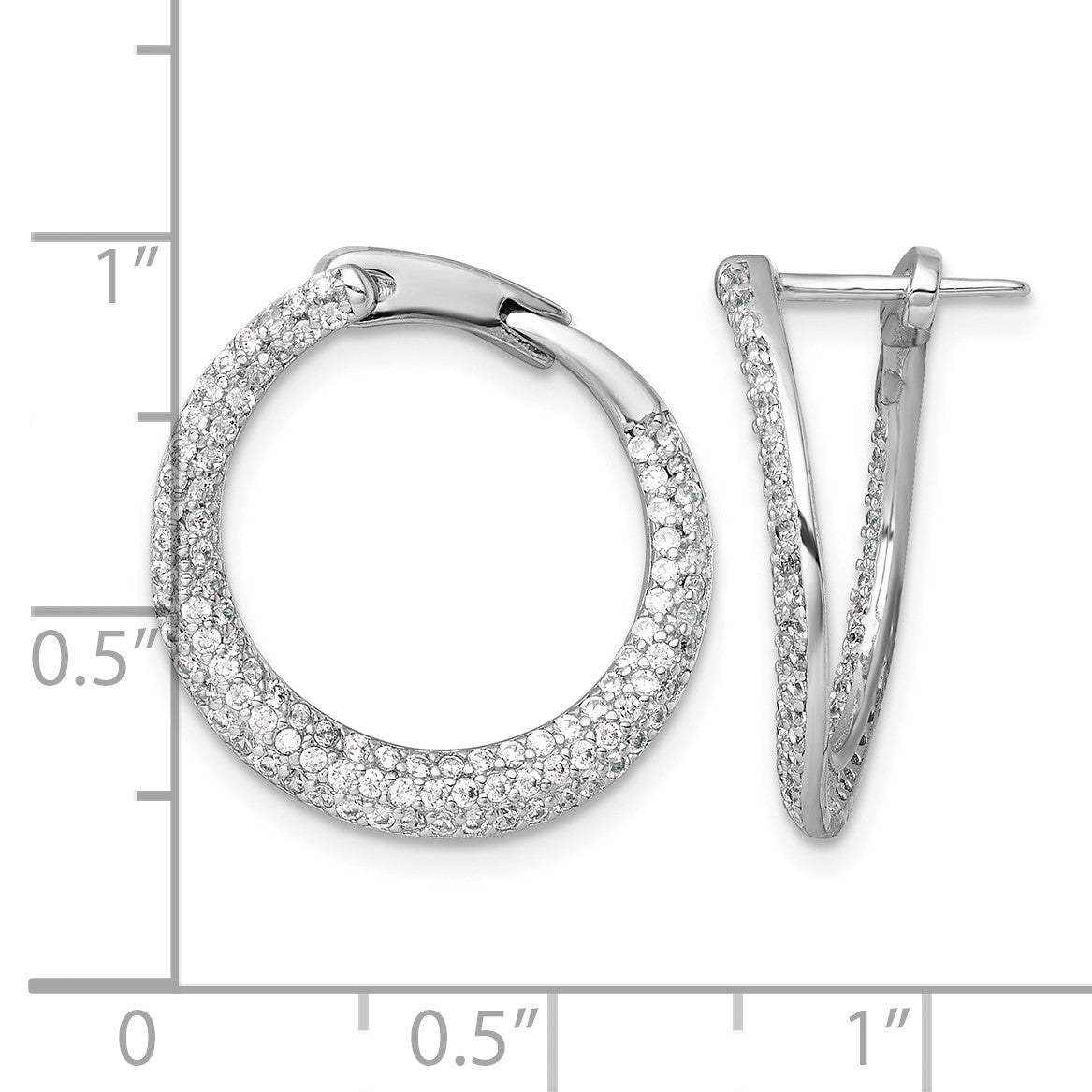 Sterling Silver Rhodium-plated Polished Micro Pave CZ Round Offset Hinged Hoop Earrings