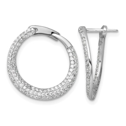 Sterling Silver Rhodium-plated Polished Micro Pave CZ Round Offset Hinged Hoop Earrings