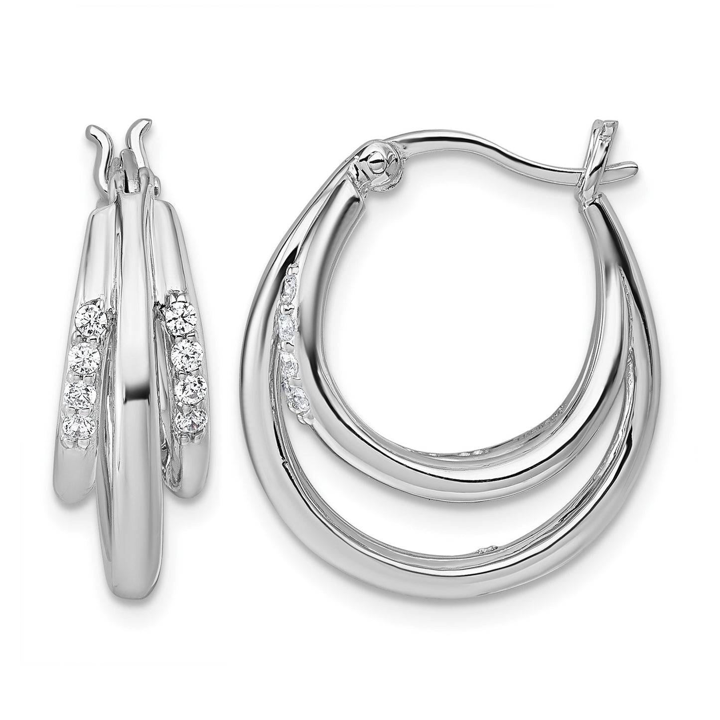 Sterling Silver Rhodium-plated Polished White CZ Triple Hoop Earrings