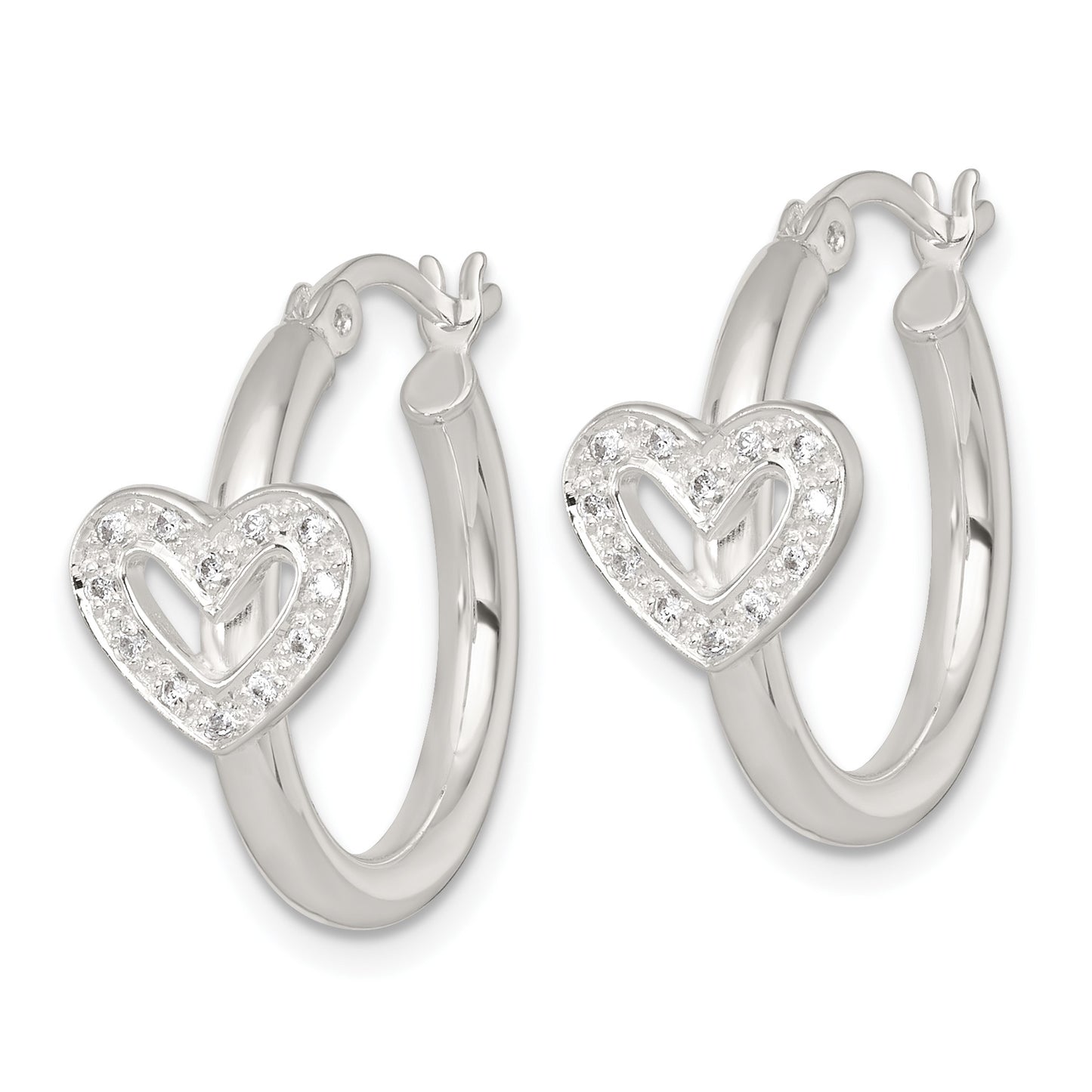 Sterling Silver Polished CZ Heart Round Hoop Earrings