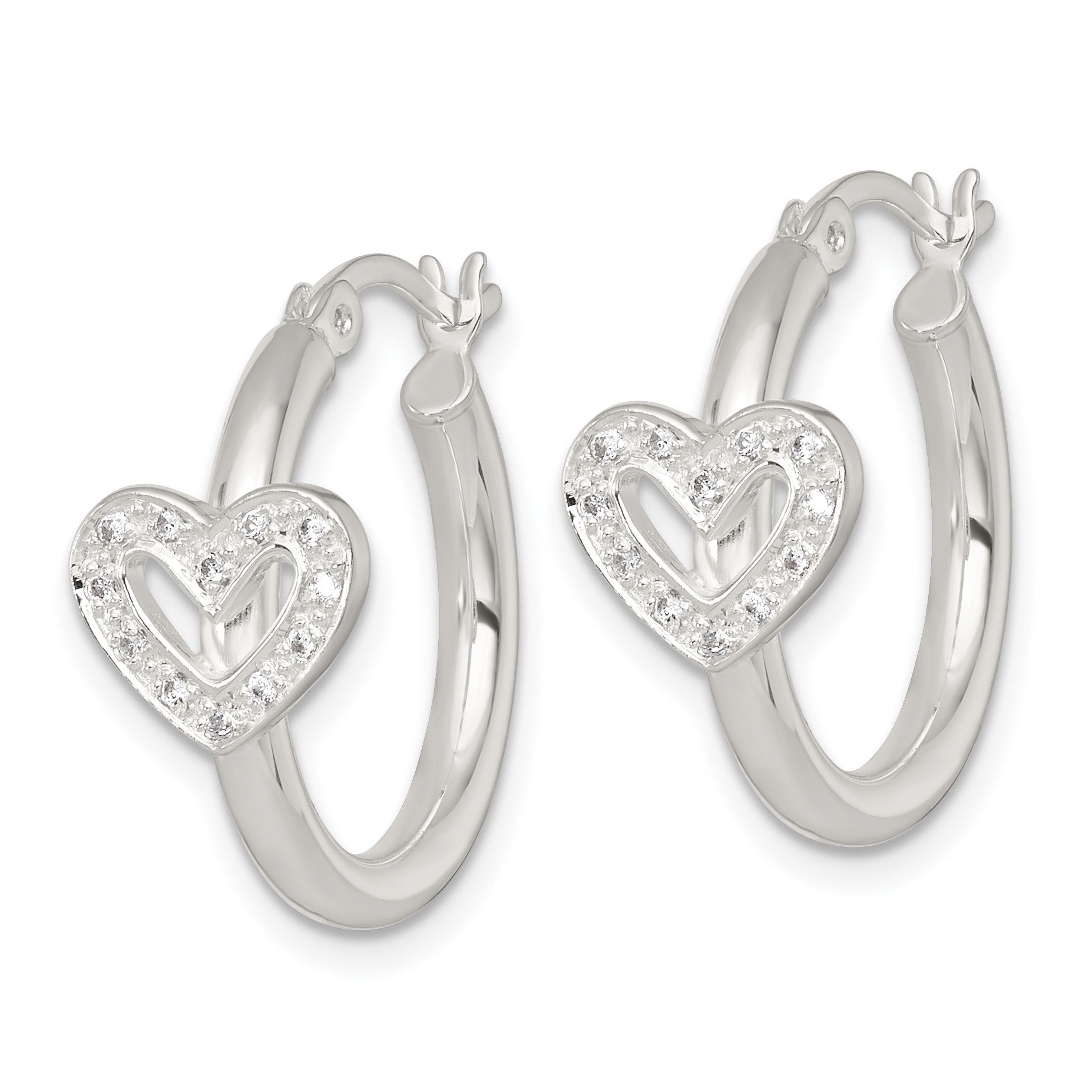 Sterling Silver Polished CZ Heart Round Hoop Earrings